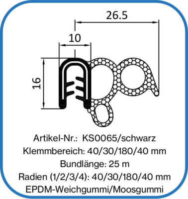 Flexibles Dichtungsprofil mit Metalleinlage und seitlichem Schlauch