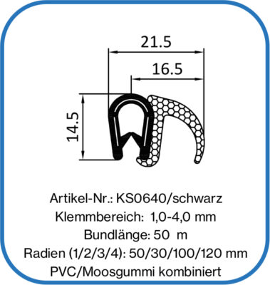 Kantenschutz-Dichtprofil - NBR - mit Dichtung oben - Klemmbereich 3-5mm