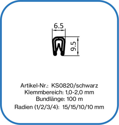 Kantenschutz U-Profil mit Metalleinlage Dichtung schmal oben Klemmbereich  1-4mm