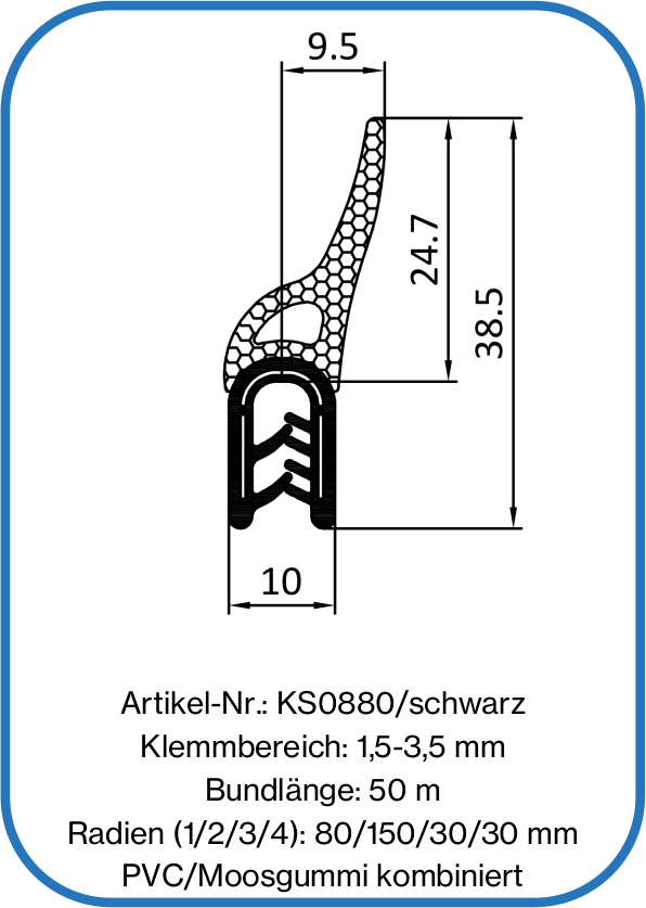 Kantenschutz-Dichtprofil - NBR - mit Dichtung oben - Klemmbereich 3-5mm